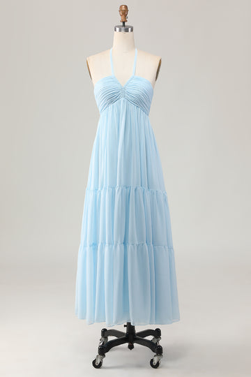 Sky Blue Halter A Line Long Wedding Guest Dress